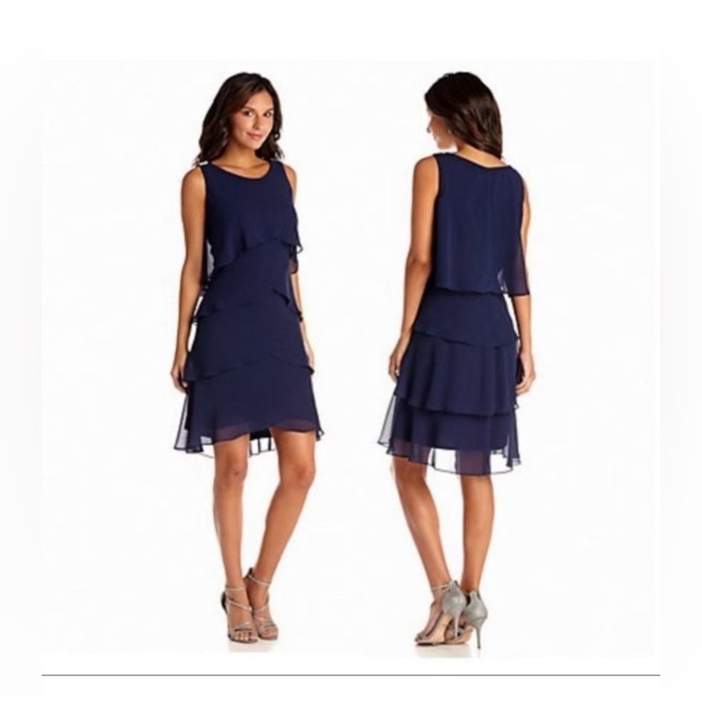 S L New York Navy Blue Chiffon Tiered Rhinestone Cocktail Dress Size 8